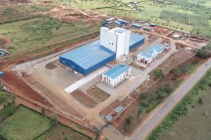 Aerial view of factory complex.