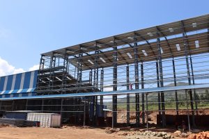 Steel frame building under construction.