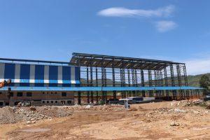 Steel frame building under construction.