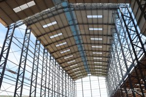 Large steel frame building interior.