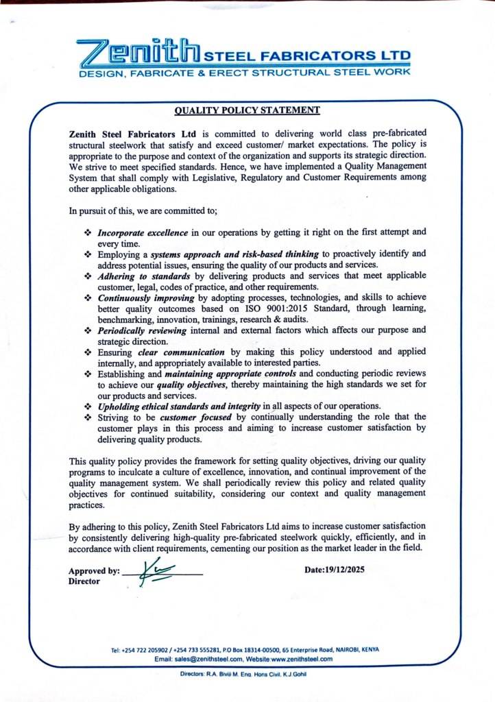 Quality Policy Statement - Zenith Steel Fabricators Ltd - design ...