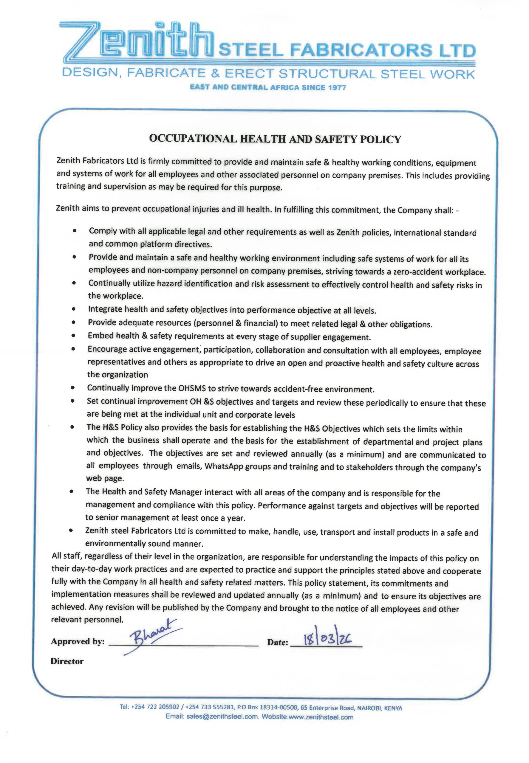 Zenith Steel Health and Safety Policy signed document